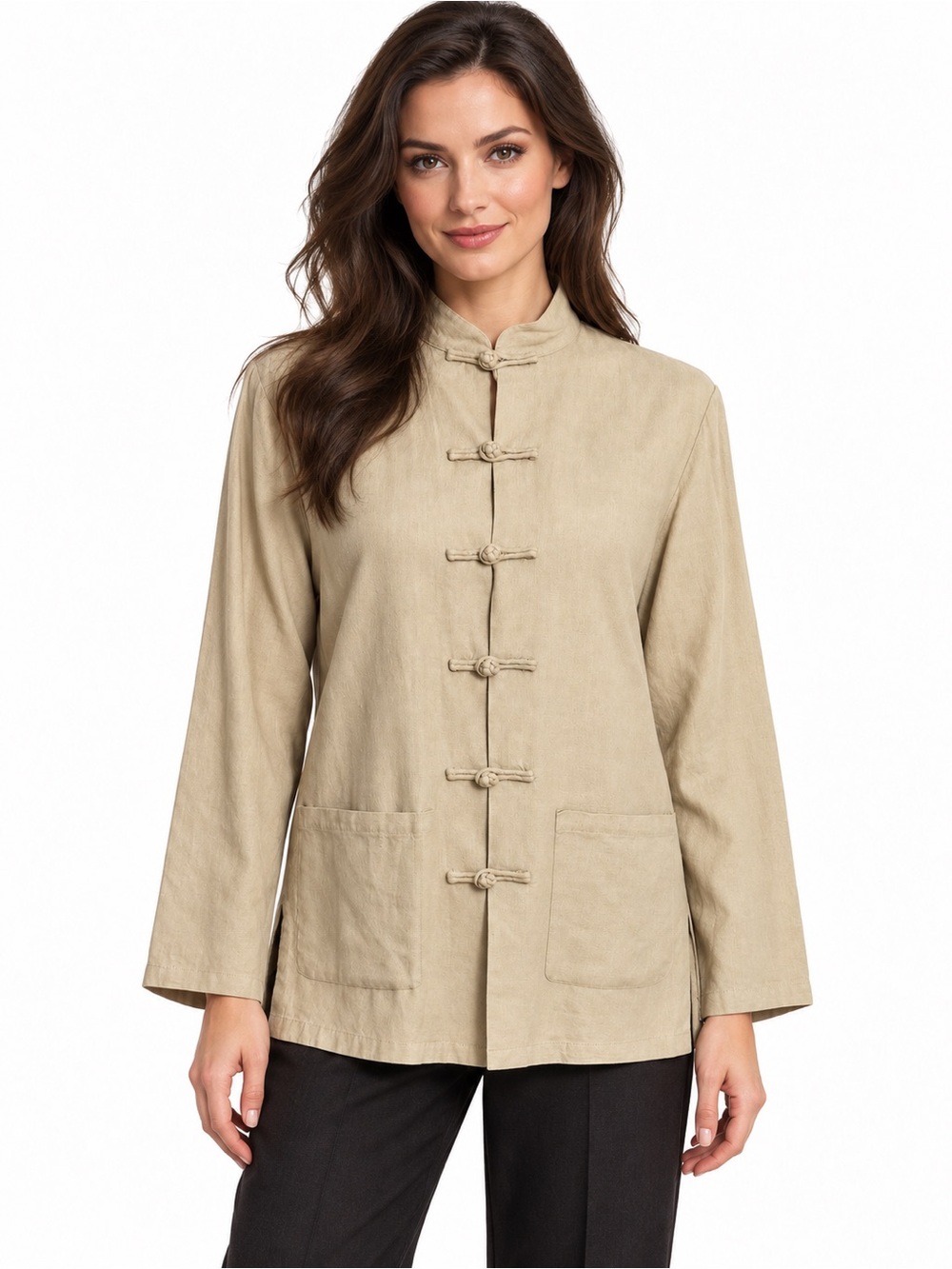 Lyn’s Collection Women’s Small Beige Mandarin Collar Frog Closure Jacket